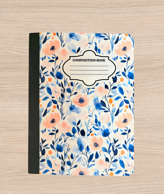 Pink and Blue Floral Composition Notebook – Customized Journal, Back to School Gift, Aesthetic Notebook for Writing, Notes & Ideas