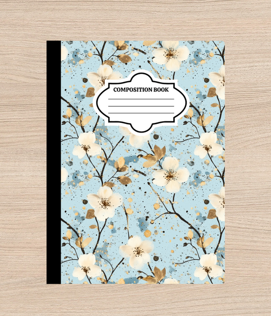 Blue Floral Composition Notebook | Elegant Blossoms on Blue | Lined Journal for School, Work, or Journaling | Aesthetic Custom Notebook Gift